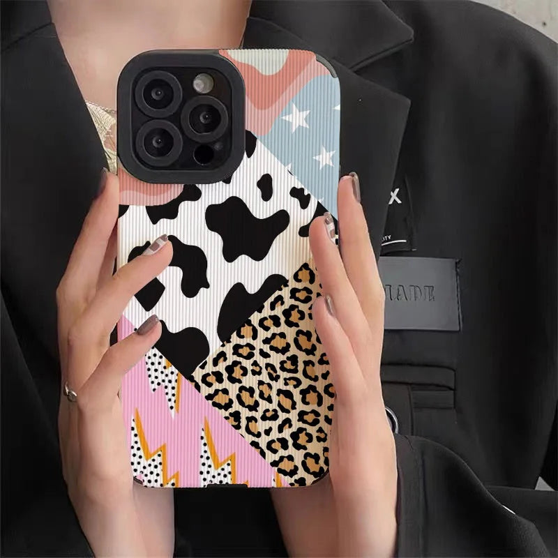 Creative Leopard Cow Silicone Leather Case For iPhone 16 15 14 13 17 Pro Max Air 11 12 Mini  Soft Shockproof Cover