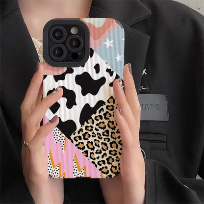 Creative Leopard Cow Silicone Leather Case For iPhone 16 15 14 13 17 Pro Max Air 11 12 Mini  Soft Shockproof Cover