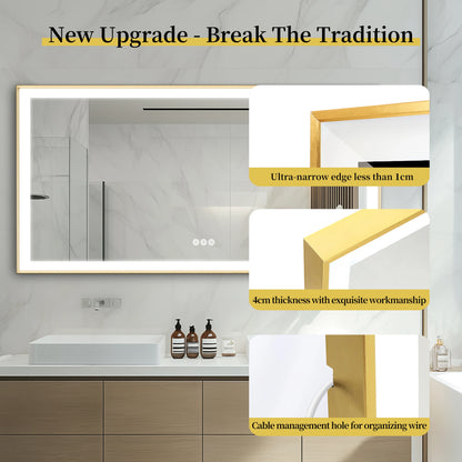 Gold Lighted Bathroom Mirror Rectangular Large LED Lighted Bathroom Mirror Gold Aluminum Frame with Front-lit Adjustable