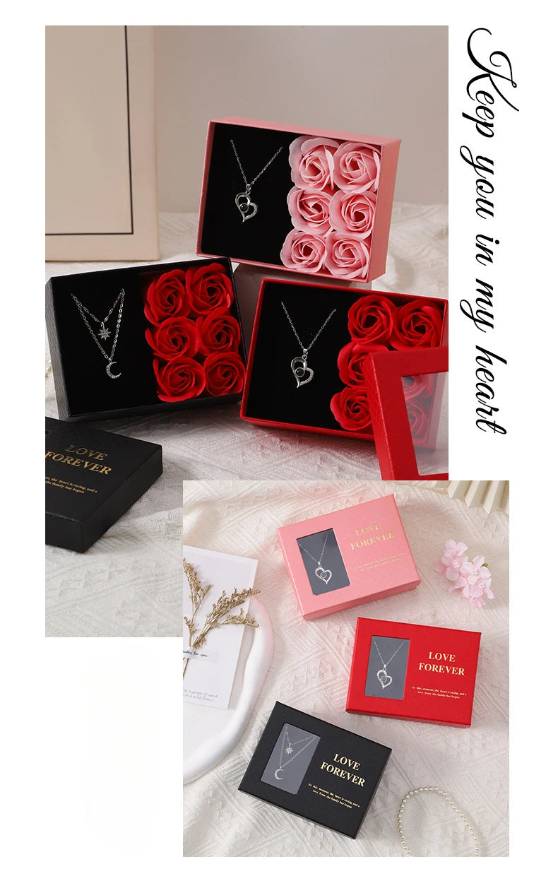 Valentine's Day Window Opening Jewelry Box Heart Four-leaf Clover Pendant Gift Packaging Box Bag Romantic 6 Rose Box