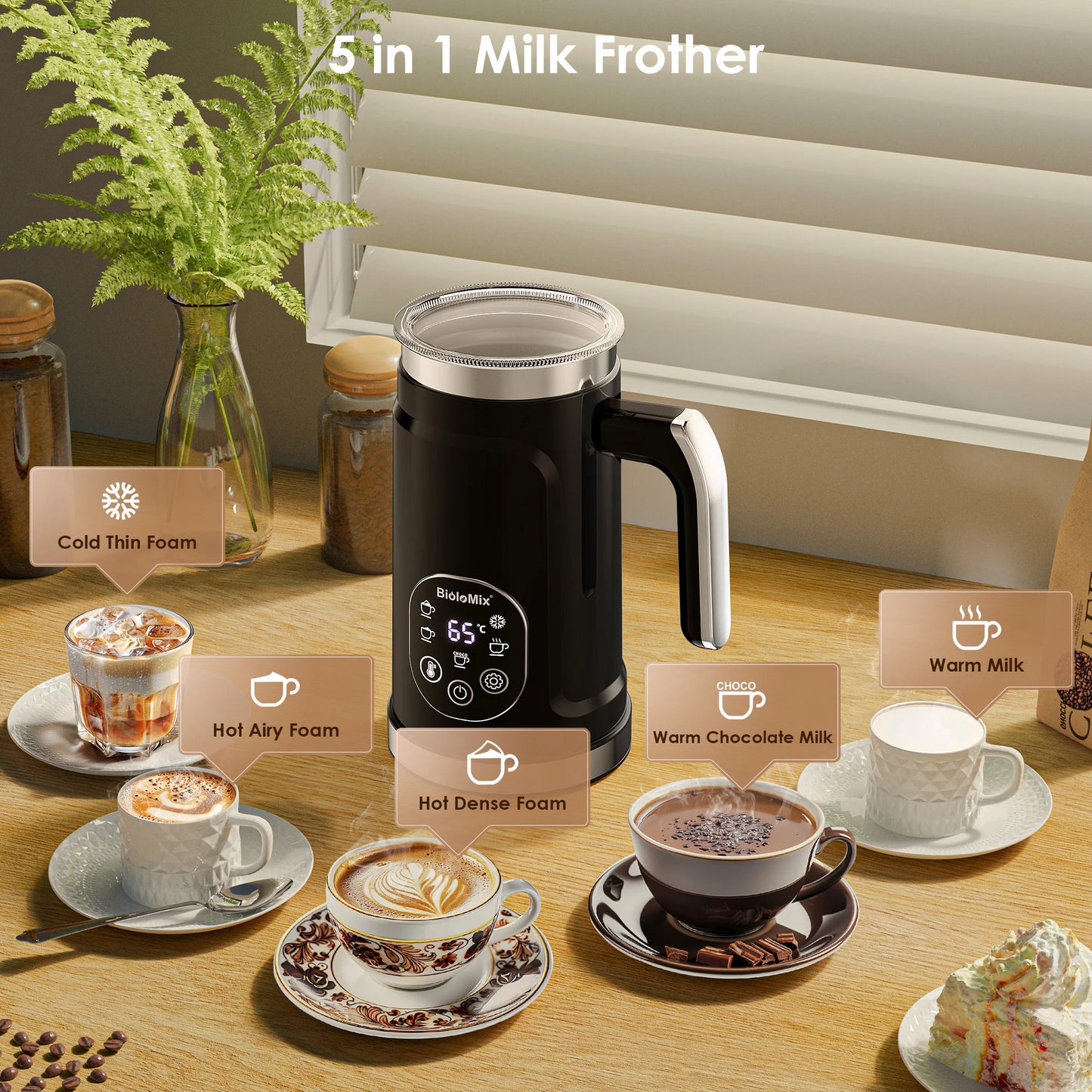 BioloMix Upgraded 5-in-1 LED Touch Screen Milk Frother for Lattes & Coffee, Hot And Cold Foam Maker