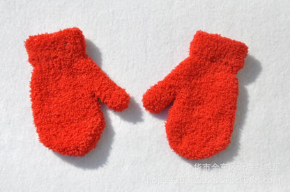 Baby Short Gloves Winter Coral Fleece Children Solid Knitted Plush Furry Full Finger Mittens Autumn Hand Warmer 1-4 Years Old