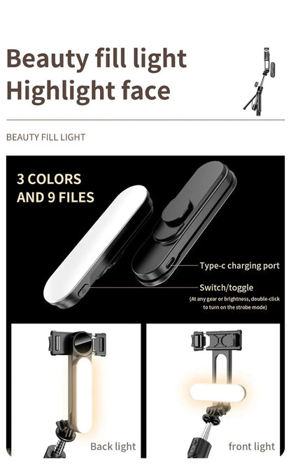 Selfie Stick with Fill Light Tripod with Bluetooth Remote Shutter Retractable Rod for iPhone Xiaomi Huawei for Phone Video Live