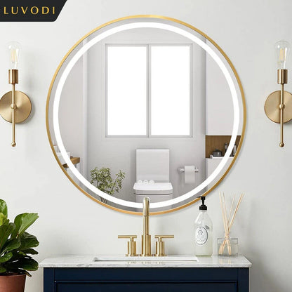 LUVODI Bathroom Light Mirror Round Black Gold Frame Bathroom Dimmable Fogless Mirror with Detachable Rope