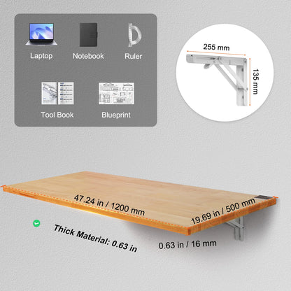 VEVOR Wall Mounted Folding Table, Wall Mount Drop Leaf Table, Wooden Floating Desk with Iron Bracket, Fold Down Desk for Spaces