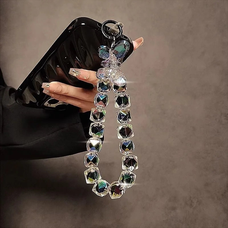 DIY Bracelet Crystal Shinning Acrylic Butterfly Girl Phone Charms Wrist Hanging Strap Mobile Phone Lanyard Phone Bag Key Chain