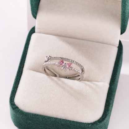 Pink Zircon Bow Heart Rings For Women Gold Plated 18K Plated Adjustable Heart Ring 2026 Trend Wedding Aesthetic Jewelry Gift