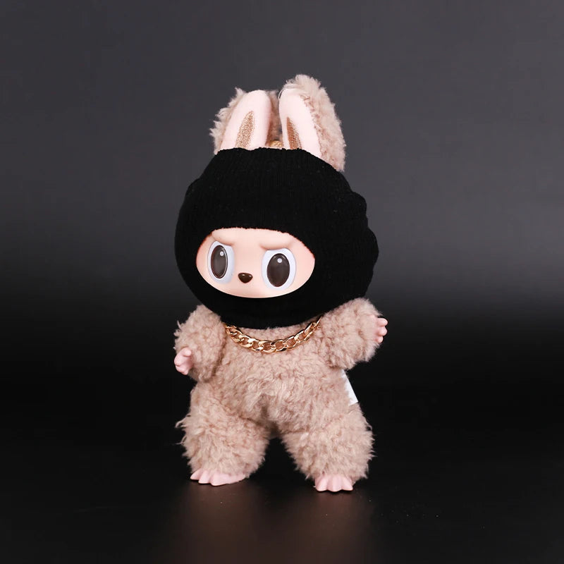 For Labubu Clothes Accessories Trendy Cool Cute Fun and Funny Style Black Knit Hat and Necklace Street Fashion Doll Accessories