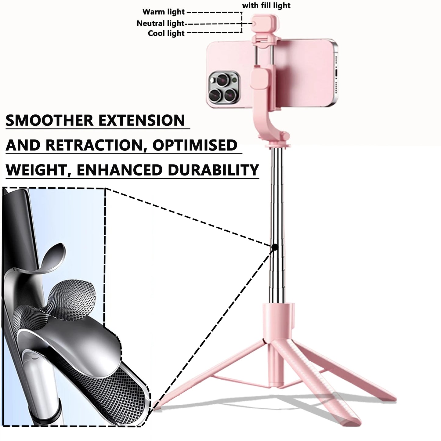 Extendable Aluminum Selfie Stick Tripod, Fill Light & Bluetooth-compatible Remote, Compatible with iPhone/android, for Travel