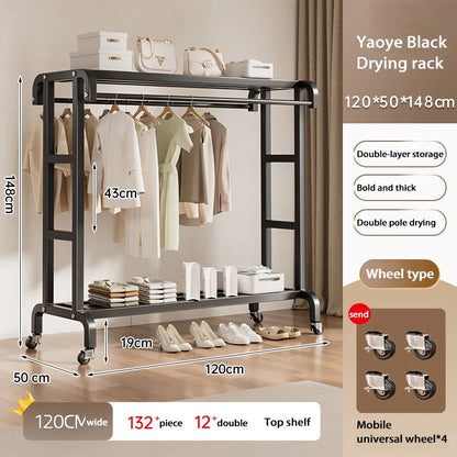 Movable Coat Rack With Universal Wheels Multifunctional Double-deck Simple Clothes Hanger Floor-Standing Bedroom Wardrobe
