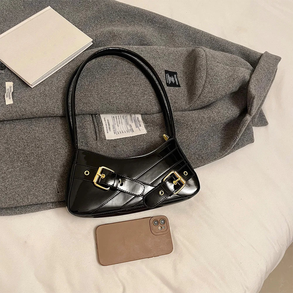 MOJOYCE Small Belt Design Glossy Patent Leather Shoulder Bags Women Luxury Brand Tote Handbag Y2K Underarm Bag with Inner Pocket