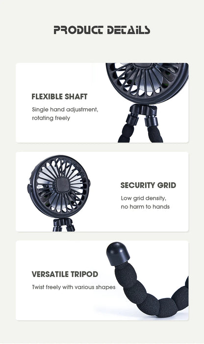 HOMEFISH Portable Baby Stroller Fan Oscillating Clip-on Mini Fan USB Battery Operated with Flexible Tripod for Pram Car Seat