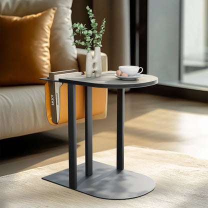 Light-Luxury Narrow Sofa Side Table, Saddle Leather Top, Bedside End Table, Magazine Rack for Living Room and Bedroom