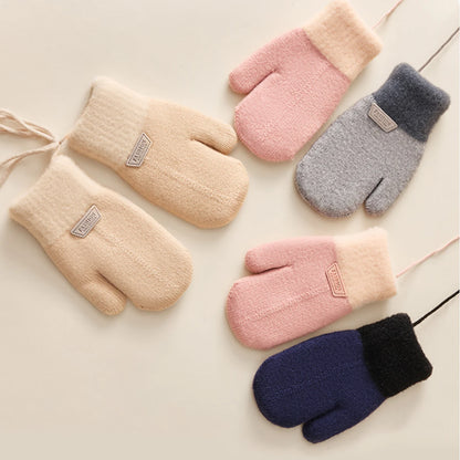 Anti Cold Warm Ski Gloves Kids Thicken Velvet Hanging Neck Mittens 1-4year Boy Girl Plush Hand Covers Children Woolen Knit Glove
