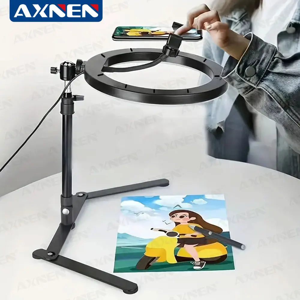 Desktop Foldable Overhead Tripod with Ring Light for Smartphone with Phone Holder Photography Table Stand Live Photo Video Shot