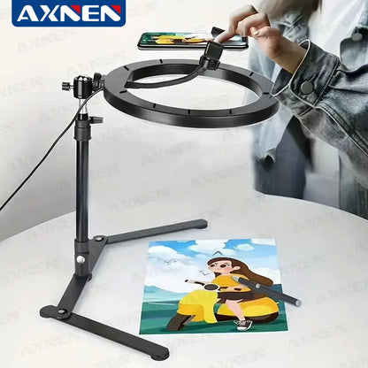 Desktop Foldable Overhead Tripod with Ring Light for Smartphone with Phone Holder Photography Table Stand Live Photo Video Shot