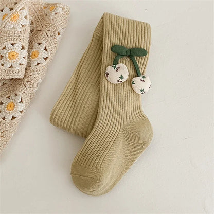 Girls Cotton Tights with Cherry Pattern - Soft Pantyhose for Kids Ages 2-10 Years
