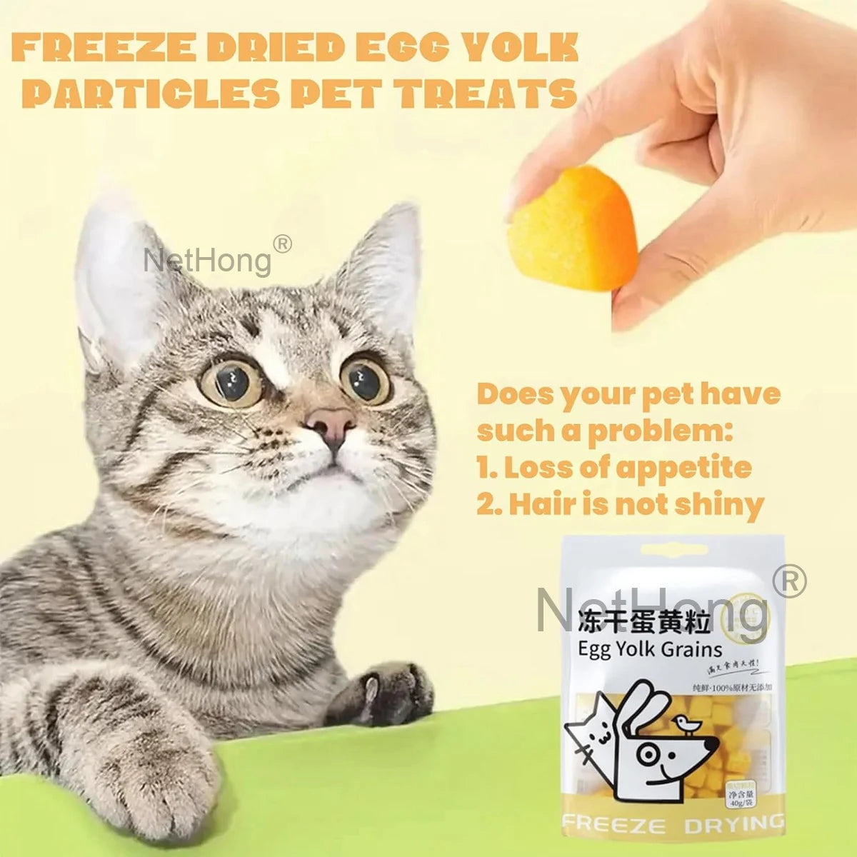 Freeze-Dried Egg Yolk Cat Treats with Cat Grass - Healthy Pet Snacks for Hair & Skin, Grain-Free, Natural Crunchy Food Topper