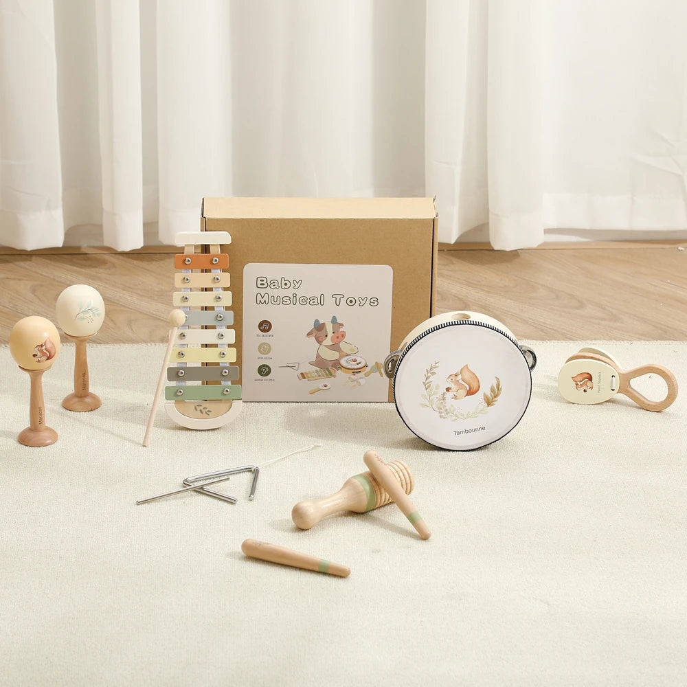 Music Toys Baby Wooden Montessori Toys Children Music Instrument Squirrel Maracas Drum Xylophone Early Education Sensor Toys Set