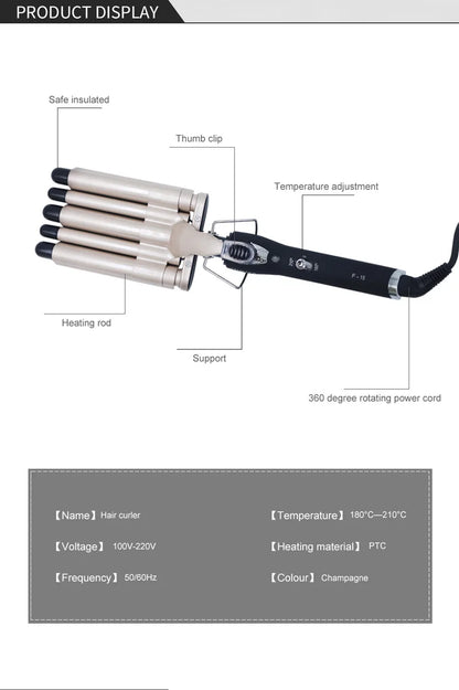 Five Tube Wave Curling Iron Hair Tool Salon And Home Use Ceramic Smart Temperature Control Fast Heating Hair Waver Styling Tools