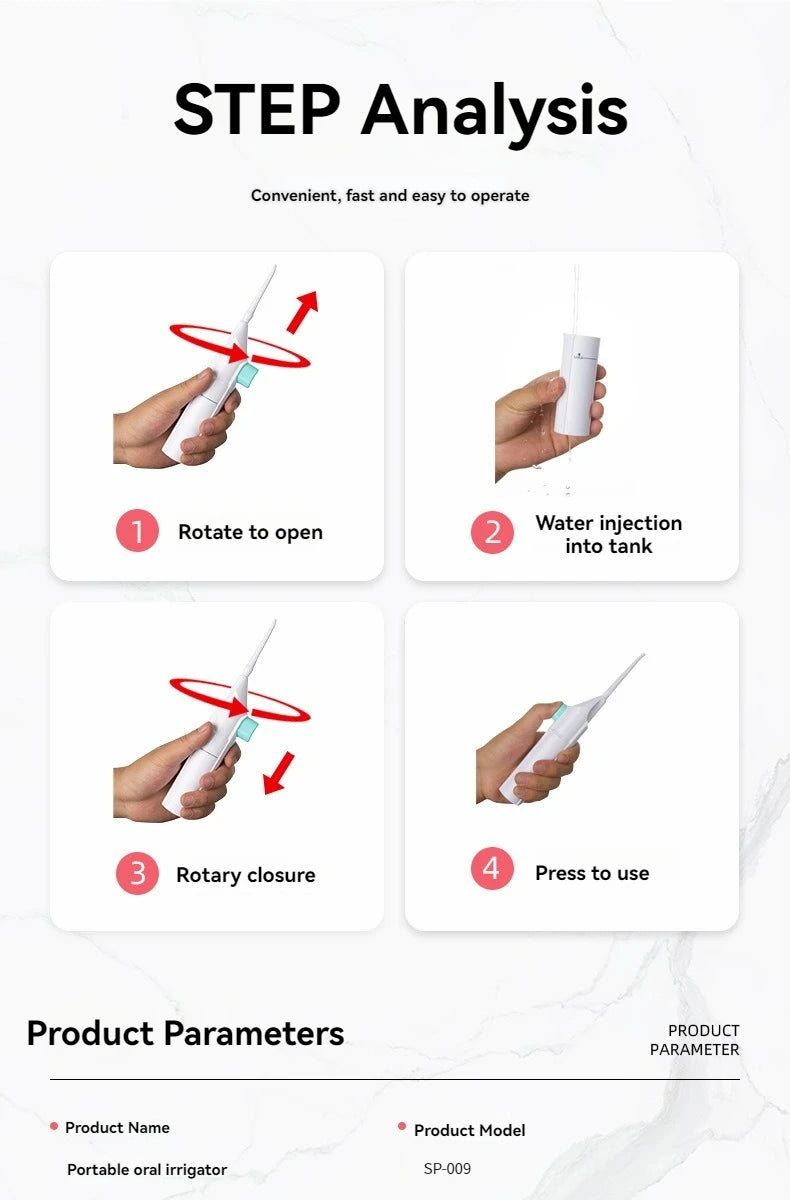 Tragbarer Hochdruck-Munddusche für den Haushalt, Zahnreinigung mit Wasser, Zahnseide, manuelle Hochdruck-Zahnstocher