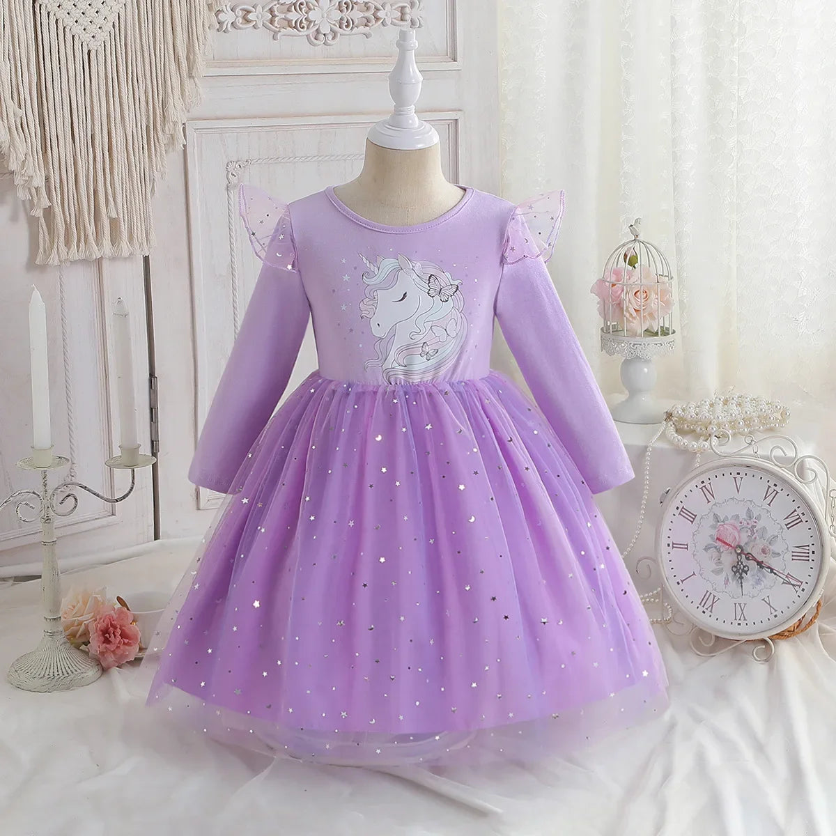2024 Girls Long Sleeve Unicorn Birthday Dress Casual Children's Wear Rainbow Princess Skirt Sequins Mesh Gown