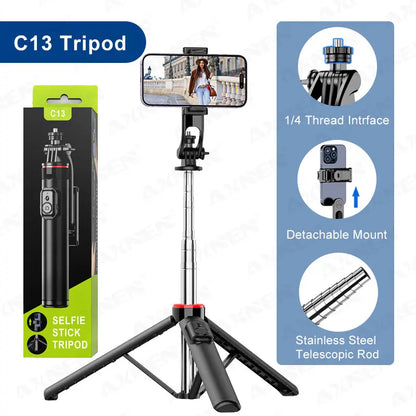 AXNEN Mobile Phone Tripod C12/C13 Tipods for Cellphone Gopro Action Camera, 1325mm Stand with Wireless Bluetooth Remote for Live