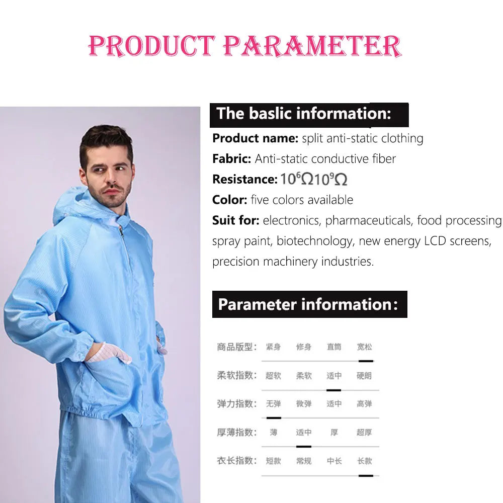 Isolations-Arbeitskleidung vom geteilten Typ. Wiederverwendbare, antistatische Unisex-Sicherheitskleidung mit Taschen. Staubdichte, saubere Lackmaterialien