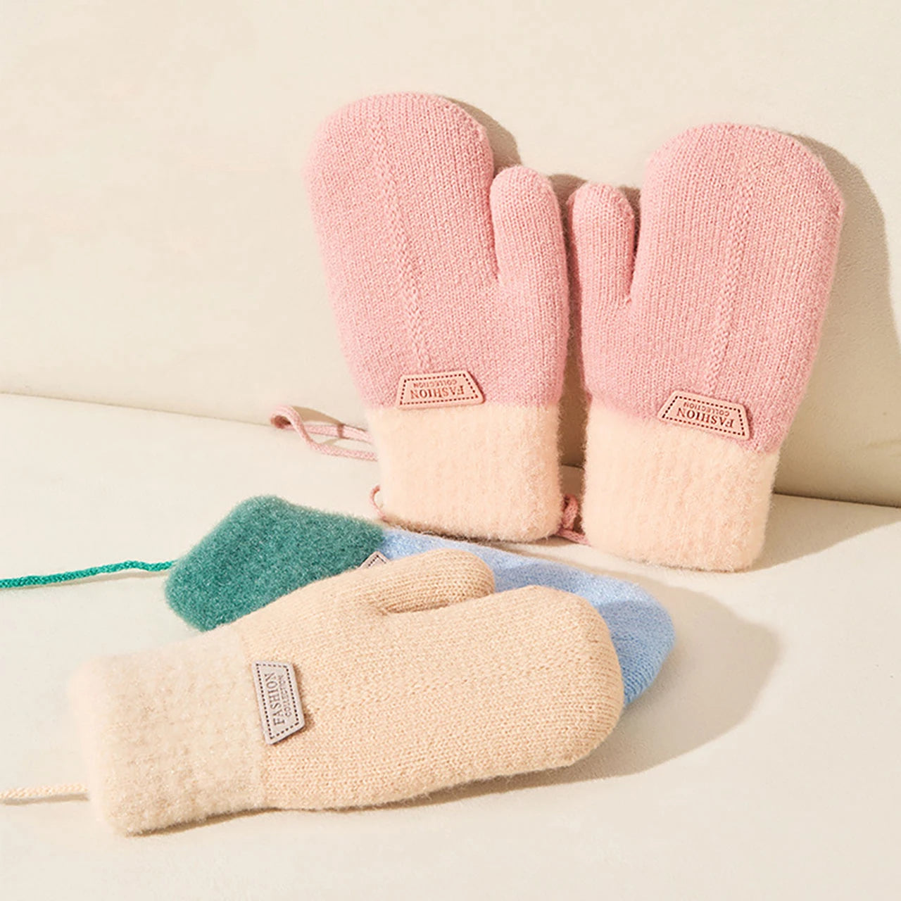 Anti Cold Warm Ski Gloves Kids Thicken Velvet Hanging Neck Mittens 1-4year Boy Girl Plush Hand Covers Children Woolen Knit Glove