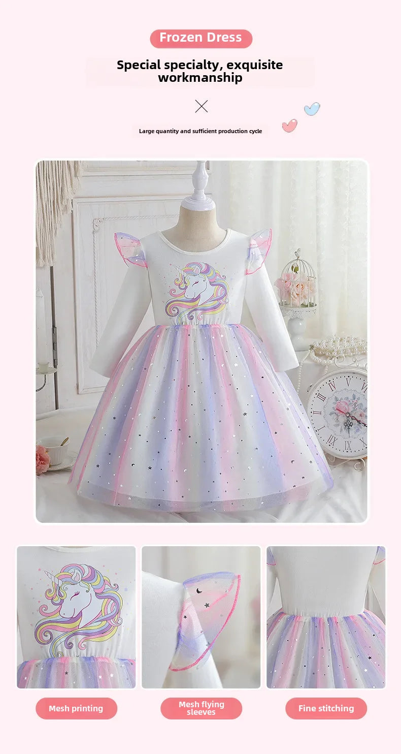 2024 Girls Long Sleeve Unicorn Birthday Dress Casual Children's Wear Rainbow Princess Skirt Sequins Mesh Gown
