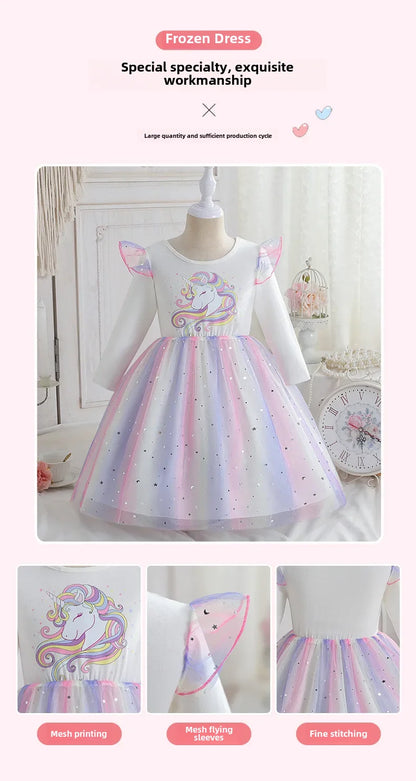 2024 Girls Long Sleeve Unicorn Birthday Dress Casual Children's Wear Rainbow Princess Skirt Sequins Mesh Gown