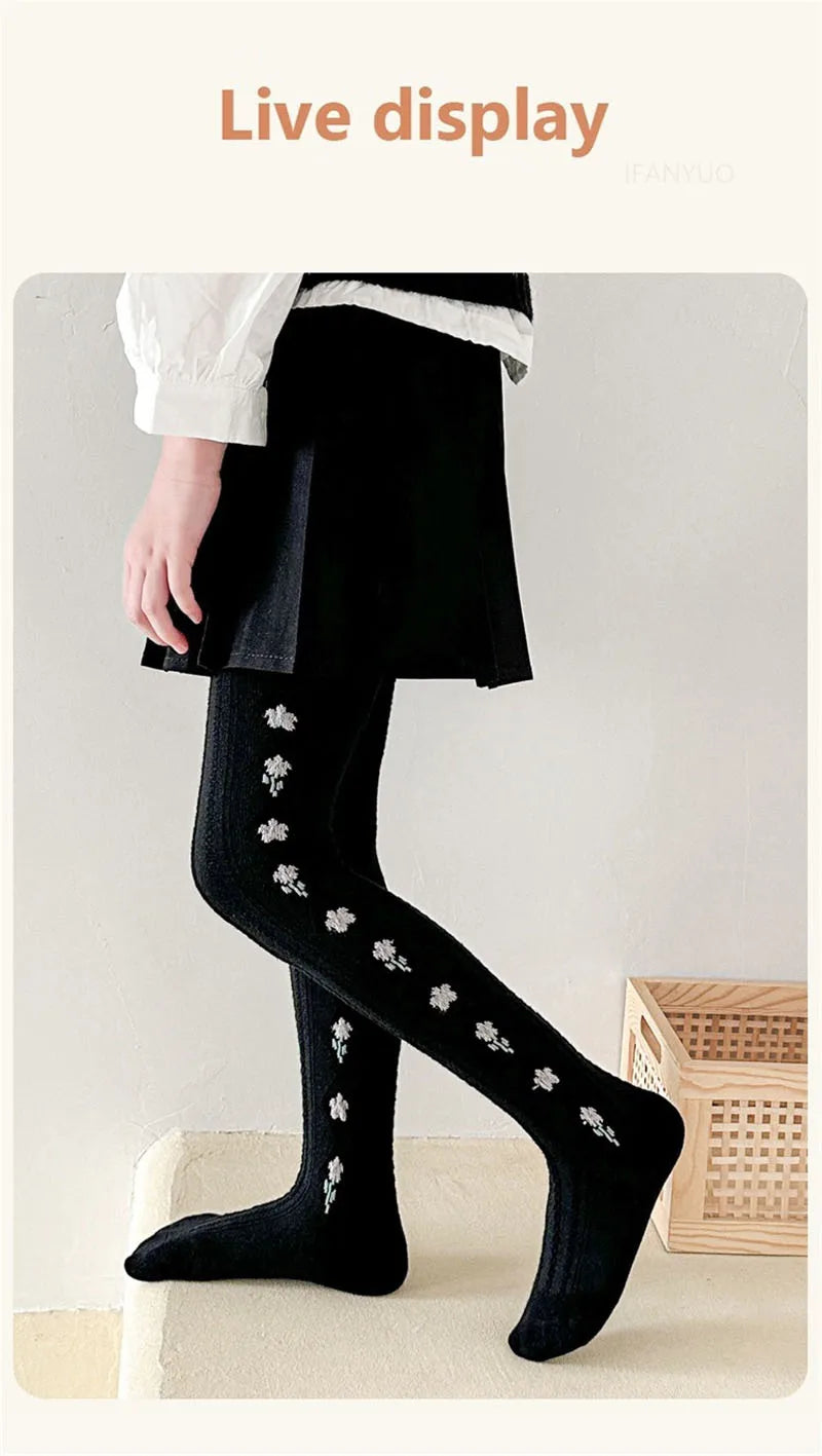 1-12Years Kids Autumn Elastic Tights Jacquard Soft Teenager Leggings Girls Knit Cotton Pantyhose Sweet Cute Baby Bottom Clothes