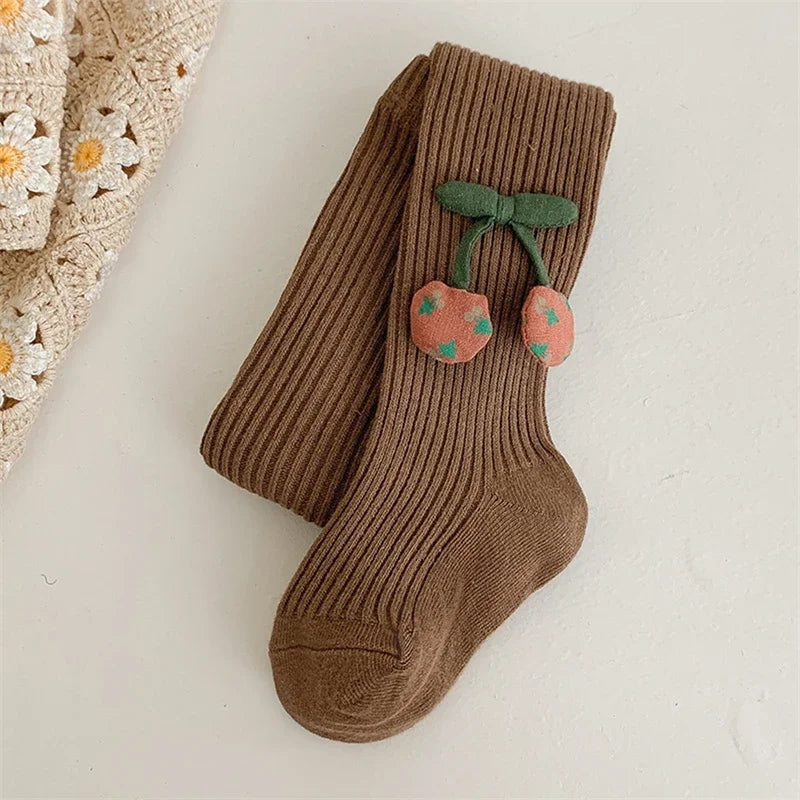 Girls Cotton Tights with Cherry Pattern - Soft Pantyhose for Kids Ages 2-10 Years