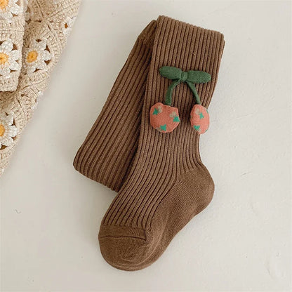 Girls Cotton Tights with Cherry Pattern - Soft Pantyhose for Kids Ages 2-10 Years