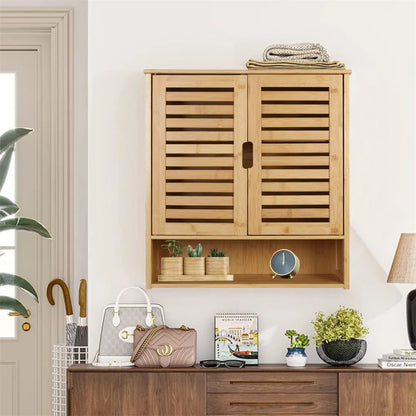 Natural Bamboo Wall-mounted Bathroom Cabinet, Kitchen Cupboard, Storage Organizer, Adjustable Shelf