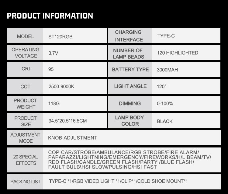 ST120 RGB Full Color Video Light 2500-9000K Fill Light for Camera Smartphone Photography Video Live Streaming Tiktok YT
