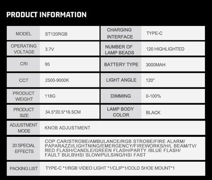 ST120 RGB Full Color Video Light 2500-9000K Fill Light for Camera Smartphone Photography Video Live Streaming Tiktok YT