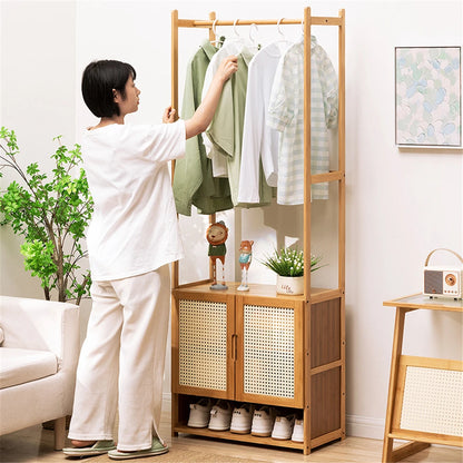 Bamboo Garment Rack, Heavy Duty Coat Stand, Wardrobe with 3 Storage Shelves, Shoe Shelf