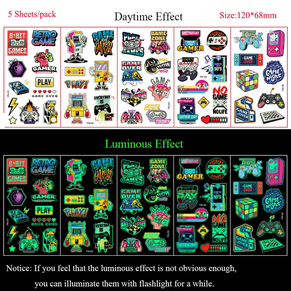 5 Sheets Luminous Tattoo Stickers Colorful Animal Mermaid Dinosaur Temporary Tattoos for Hand  Body Fake Tattoo Waterproof