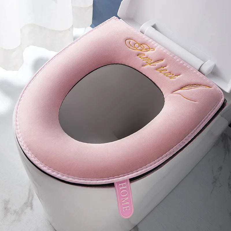 Universal Warm Velvet Toilet Seat Cover, Zipper Flip Lid Handle Tab, Letters Embroidery, Washable, Waterproof Pad, Winter