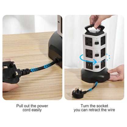 Vertical Power Strip 7/11/15 Ways Tower Socket Surge Protector UK Plug Multi Outlets with 2 USB 2m Extension Cable Home Office