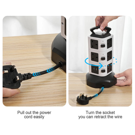 Vertical Power Strip 7/11/15 Ways Tower Socket Surge Protector UK Plug Multi Outlets with 2 USB 2m Extension Cable Home Office