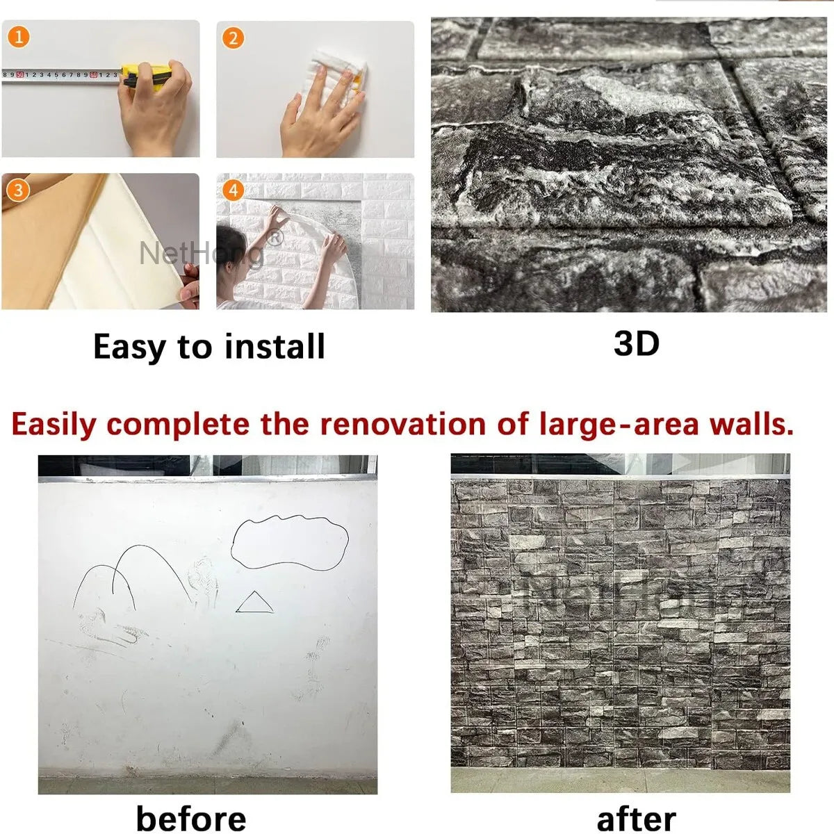 Waterproof Brick Stone Wallpaper Self Adhesive Vinyl Wall Decor Sticker 70*77Cm