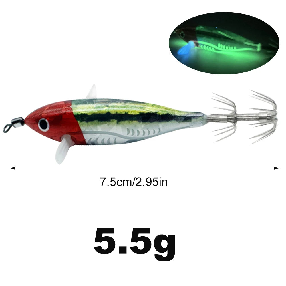Horizontal wood Shrimp 5.5g Laser Luminous Floating Egi lure Squid Jigging Shrimp Octopus Cuttlefish Night Fishing Baits Sea