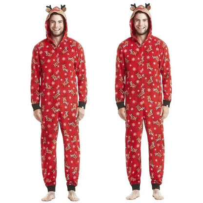 Christmas Family Matching Onesie - Elk Print Hooded Jumpsuit Pyjamas for Mom Dad Kids