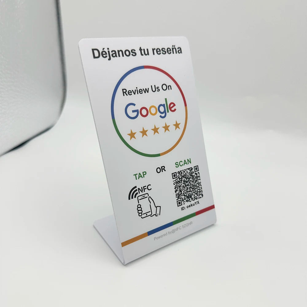 Spanish English QR code NFC Standing Sign Google review NFC215 Review Stand Click URL Unlimited Modification Editing QR Codes