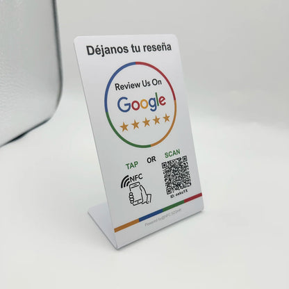 Spanish English QR code NFC Standing Sign Google review NFC215 Review Stand Click URL Unlimited Modification Editing QR Codes