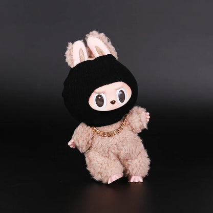 For Labubu Clothes Accessories Trendy Cool Cute Fun and Funny Style Black Knit Hat and Necklace Street Fashion Doll Accessories