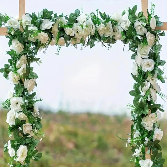 2.2M Artificial Rose Vine with 10 Blooms White pink  Faux Floral  Hanging Decor for Wedding Indoor Durable Plastic Plant