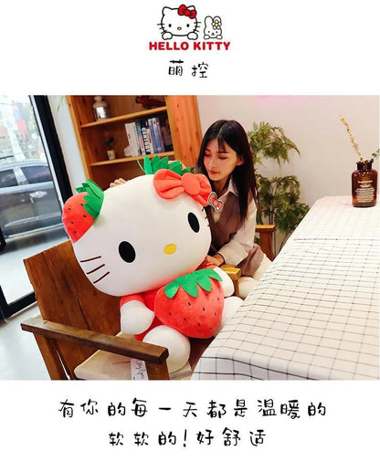 Kawaii Sanrio Hello Kitty Plush Stuffed Toy Strawberry KT Cat Pillow Doll Children's Birthday Gift Home Decoration Animal Doll